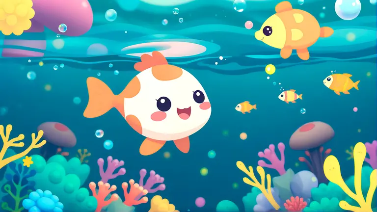 Colorful 2D animated fish characters in an underwater scene