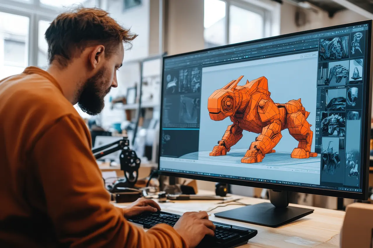3D artist modeling an orange mechanical character on a workstation