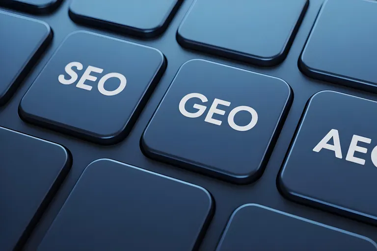 Keyboard keys labelled SEO, GEO and AEO