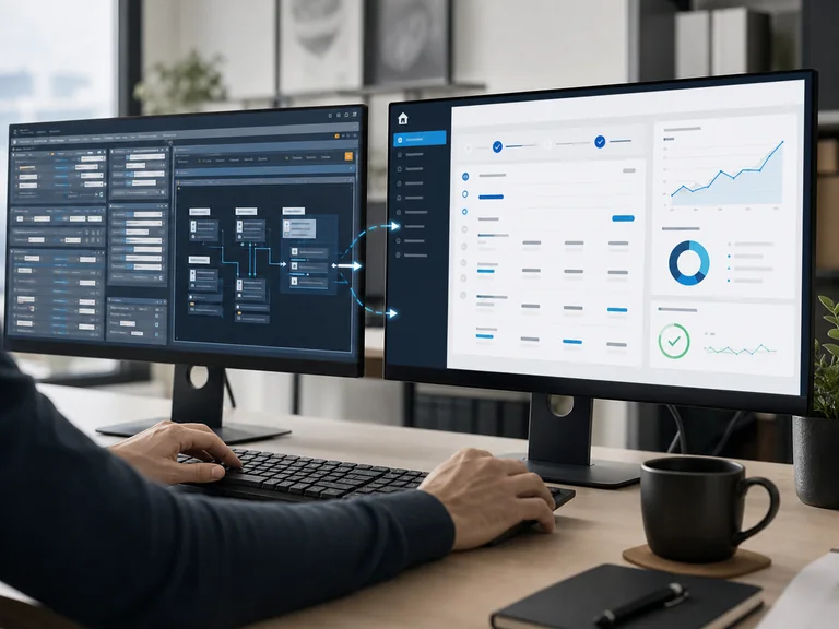 Older and modern application interfaces displayed across two monitors
