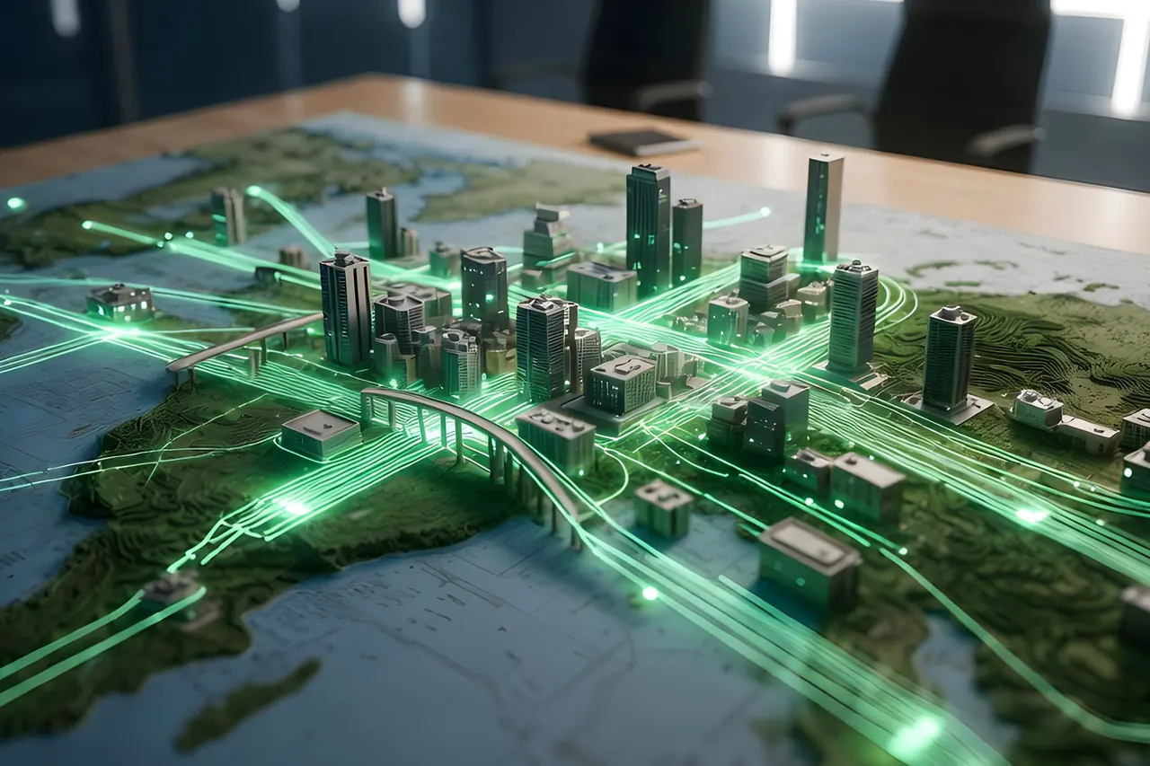 Miniature city model crossed by glowing green network lines on a planning table