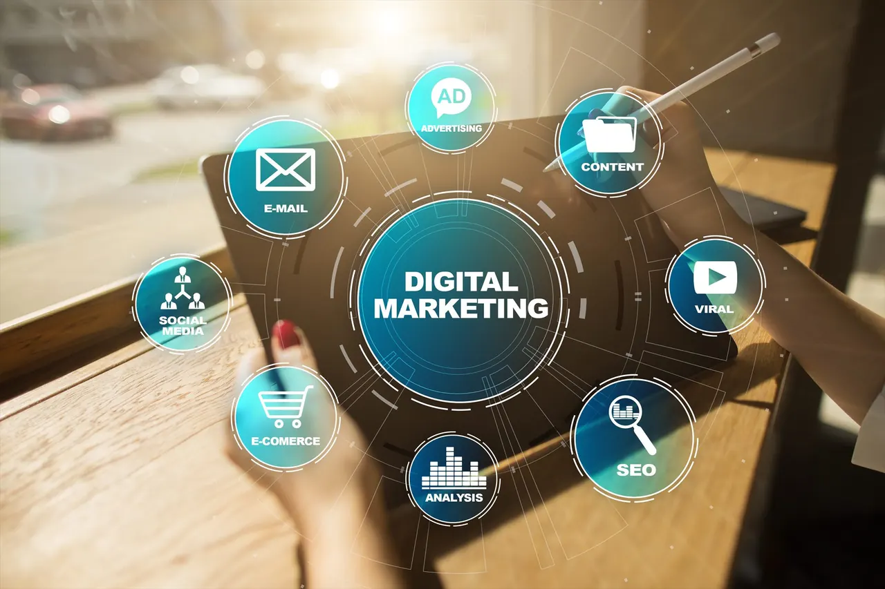 Digital marketing channel labels arranged around a central campaign graphic