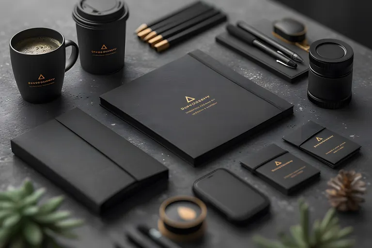 Black and gold brand identity applications arranged across stationery and packaging