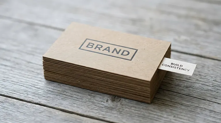 Stack of printed brand cards with a tab that reads Build Consistency