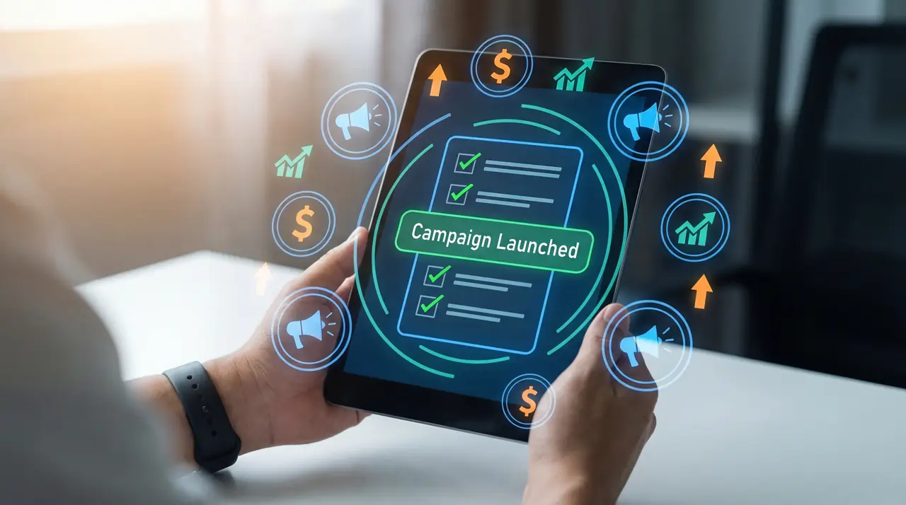 Person holding a tablet with a multichannel campaign launch interface