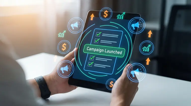 Person holding a tablet with a campaign launch dashboard