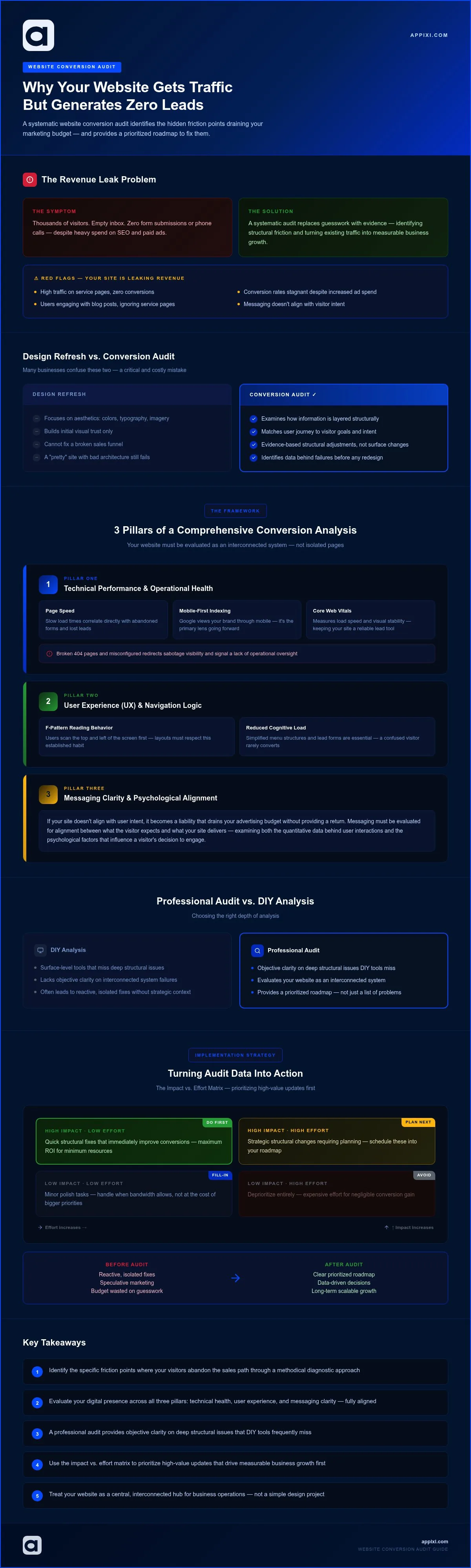 Infographic comparing design refreshes and website conversion audits across technical, user experience, messaging, and implementation priorities