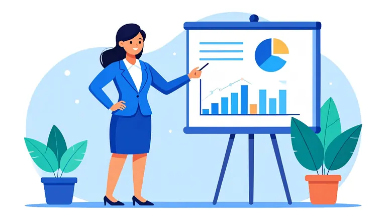Illustrated presenter explaining business information on a chart