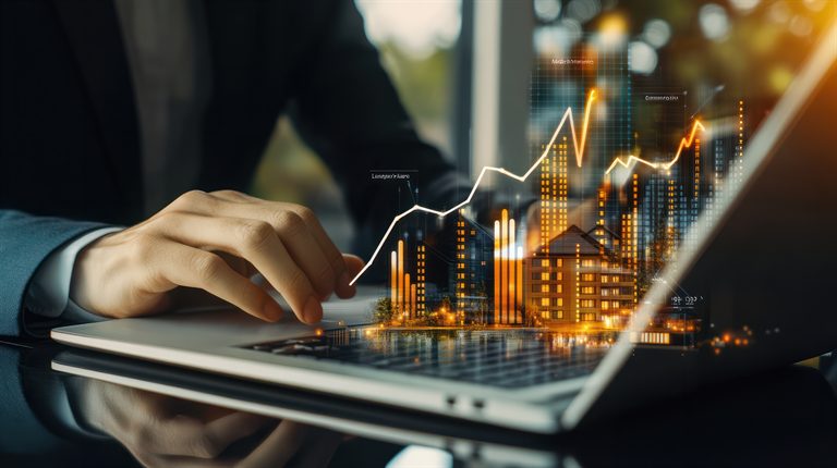 Financial professional using a laptop with investment charts and a city visualization