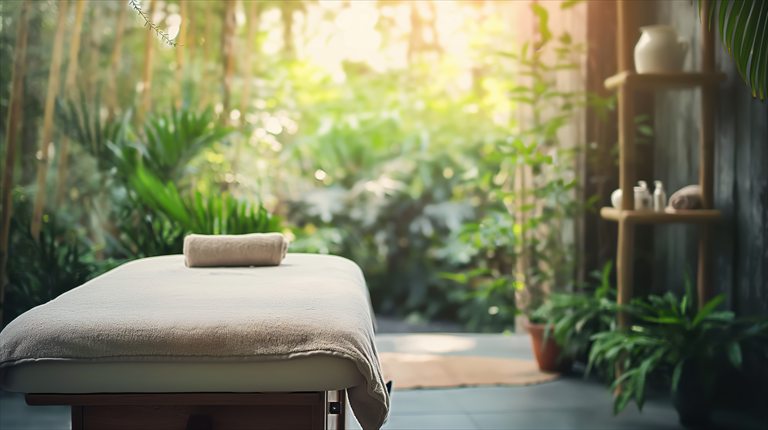 Prepared massage table in a plant-filled treatment room