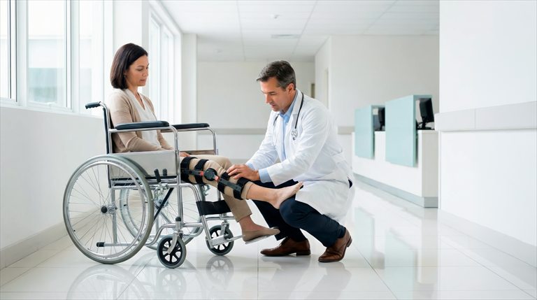 Doctor examining a patient's leg beside a wheelchair