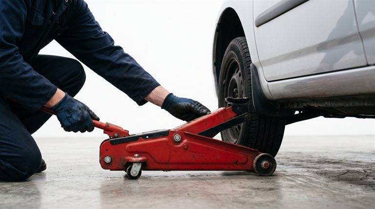Automotive mechanic lifting a car with a floor jack