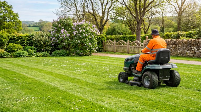 Landscaping worker mowing a large green lawn