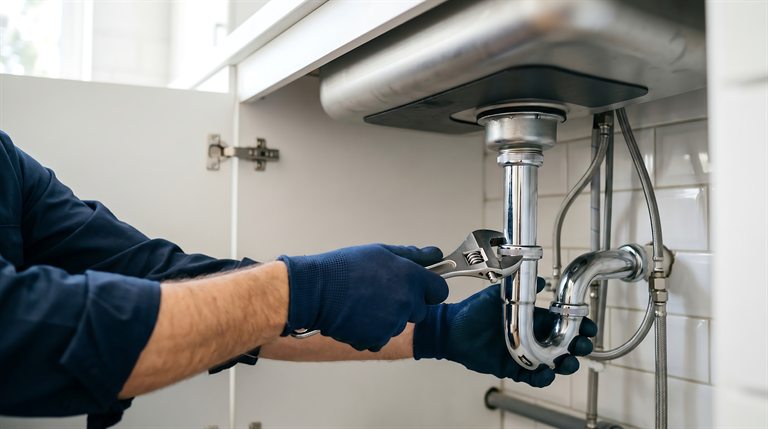 Plumber tightening a drain pipe beneath a sink