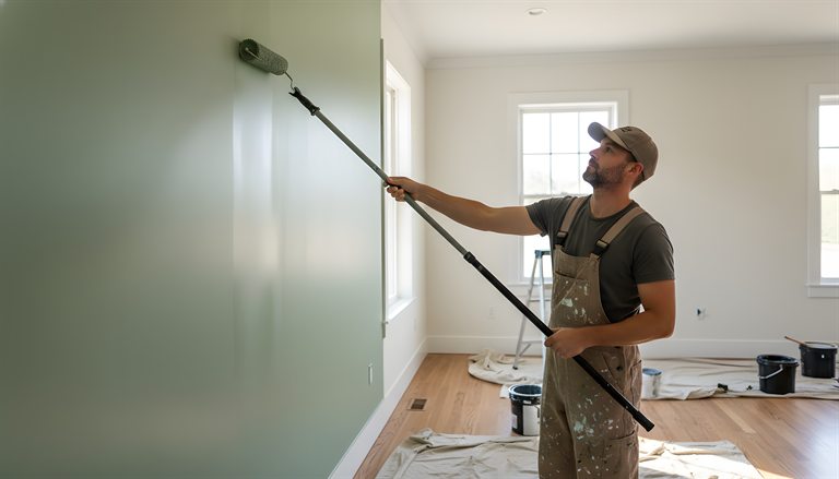 Remodeling contractor painting an interior wall with a roller