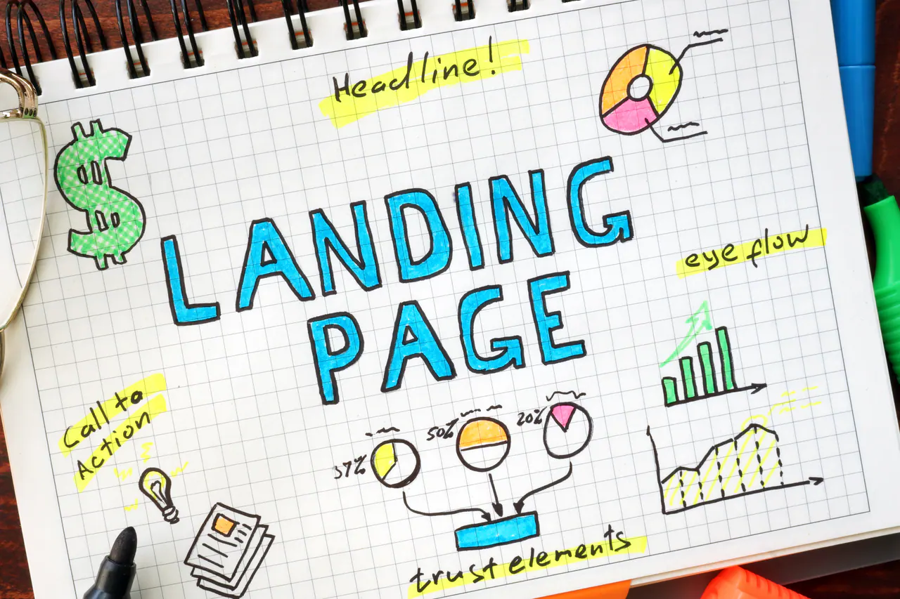 Hand-drawn landing page plan with headline and call-to-action notes
