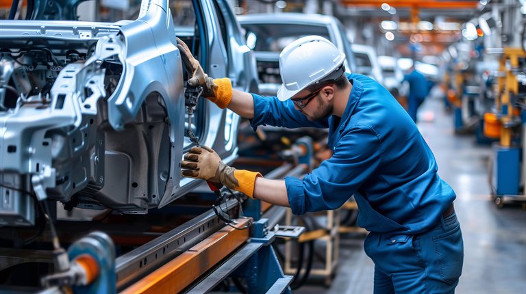 Manufacturing worker assembling a vehicle body on a production line