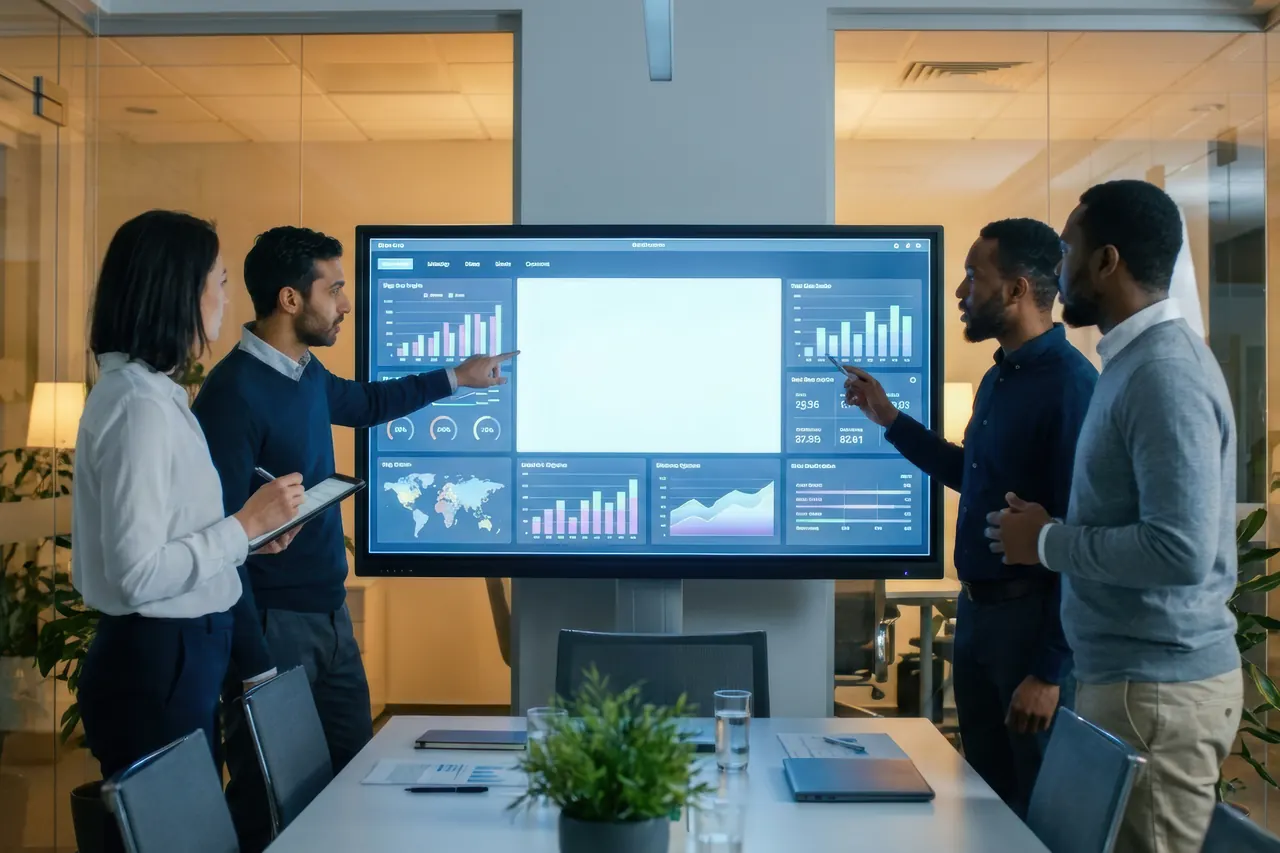 Marketing team reviewing campaign performance on a large analytics dashboard