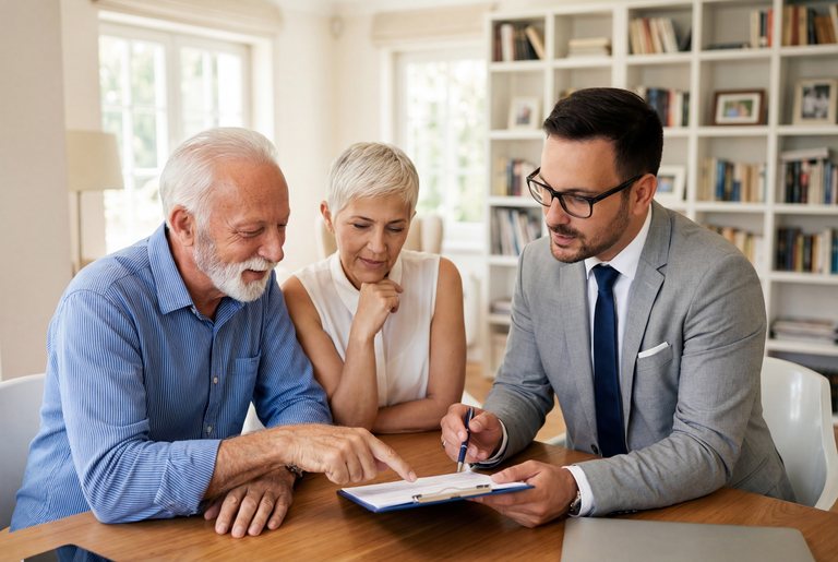 Mortgage professional reviewing documents with a couple