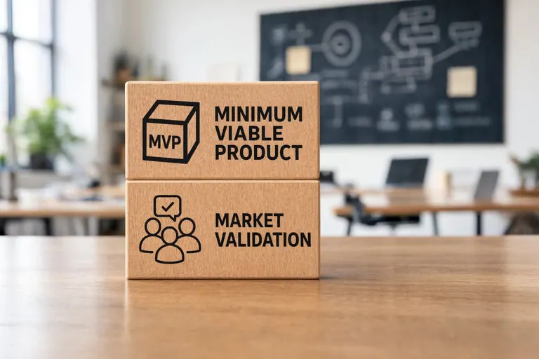 Wooden blocks explaining minimum viable product and market validation