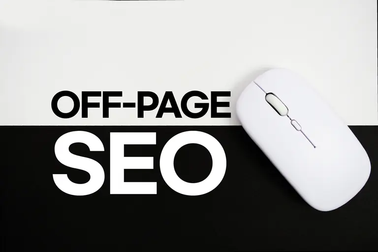 Off-page SEO text beside a computer mouse