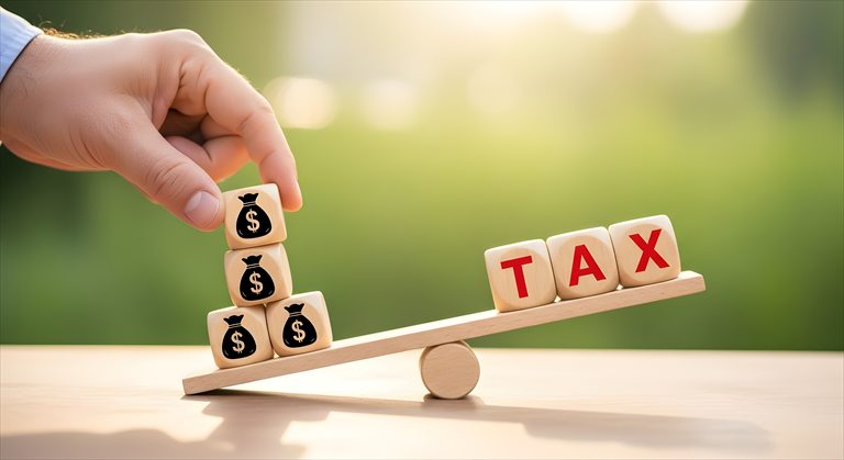Wooden blocks balancing money symbols against the word tax