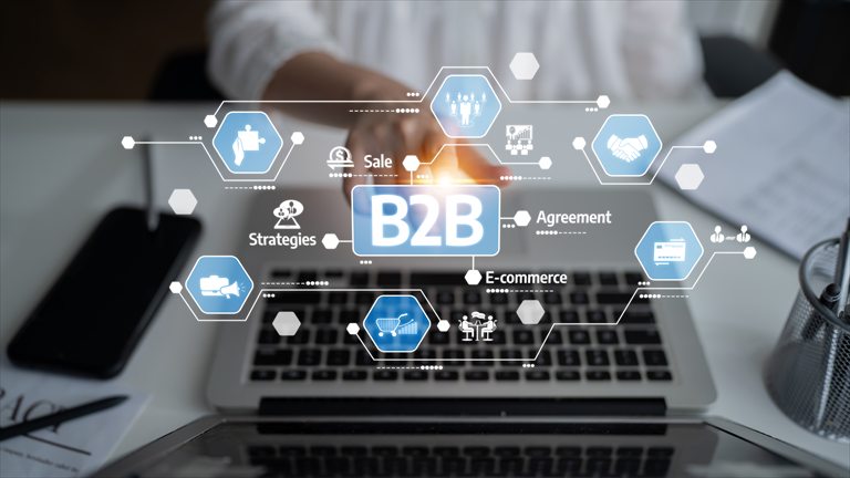 B2B business service interface displayed over a laptop