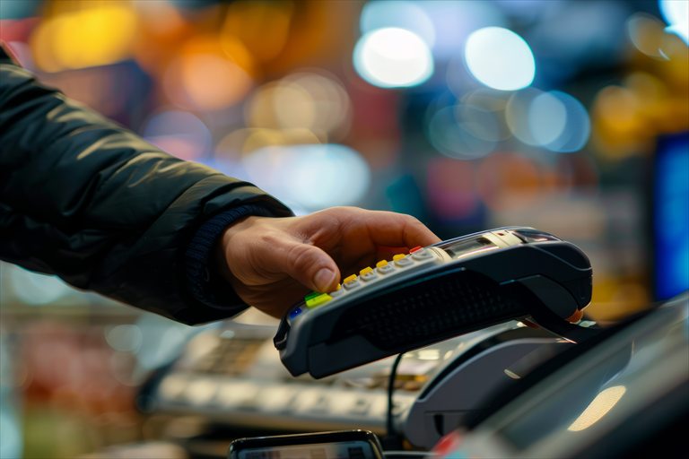 Customer completing a financial transaction at a payment terminal