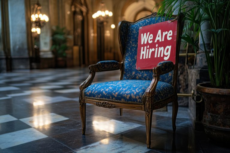 Chair displaying a We Are Hiring sign