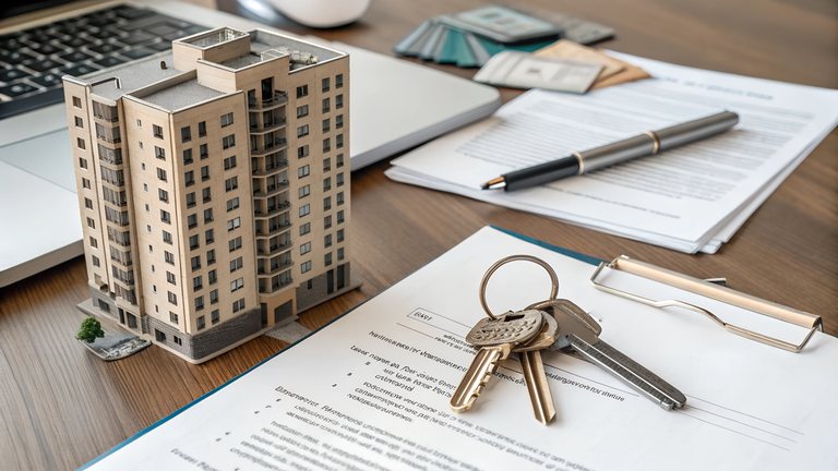 Apartment building model, keys and property-management documents on a desk