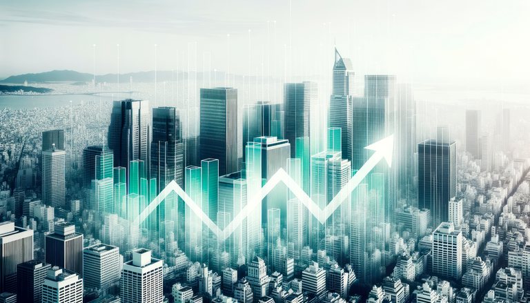 City skyline with an upward market trend line