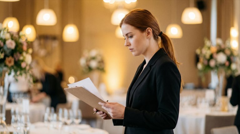 Event coordinator reviewing paperwork in a decorated venue
