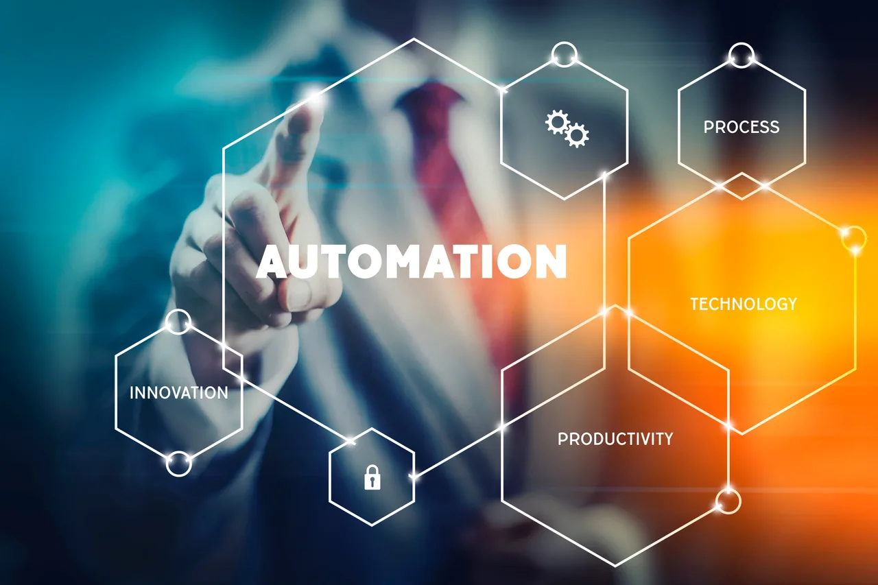 Person selecting an automation workflow graphic labeled process, technology, innovation, and productivity