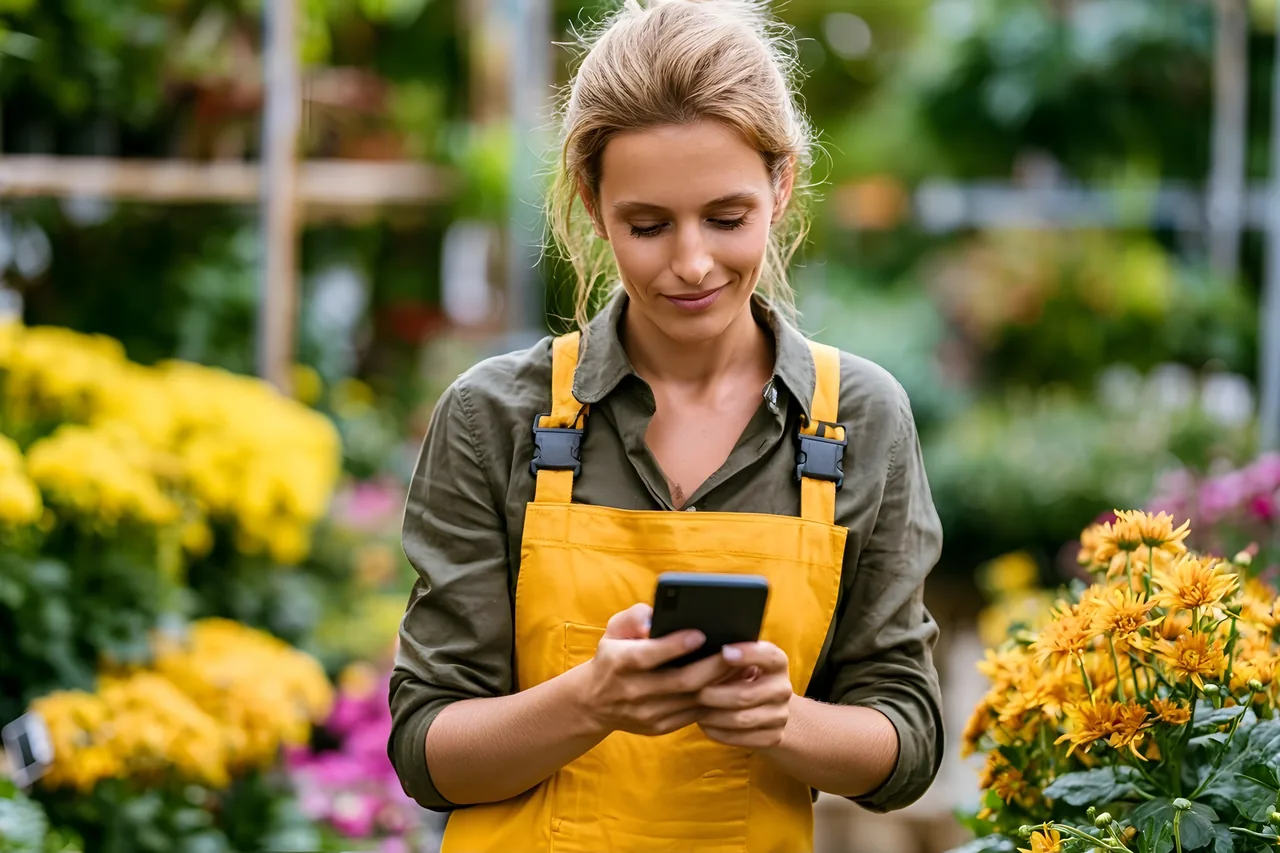 Florist using a smartphone among flower displays