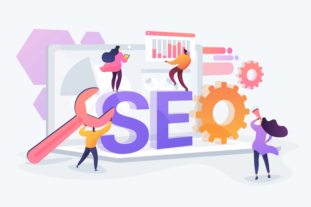 Technical SEO illustration with a website, wrench and gears