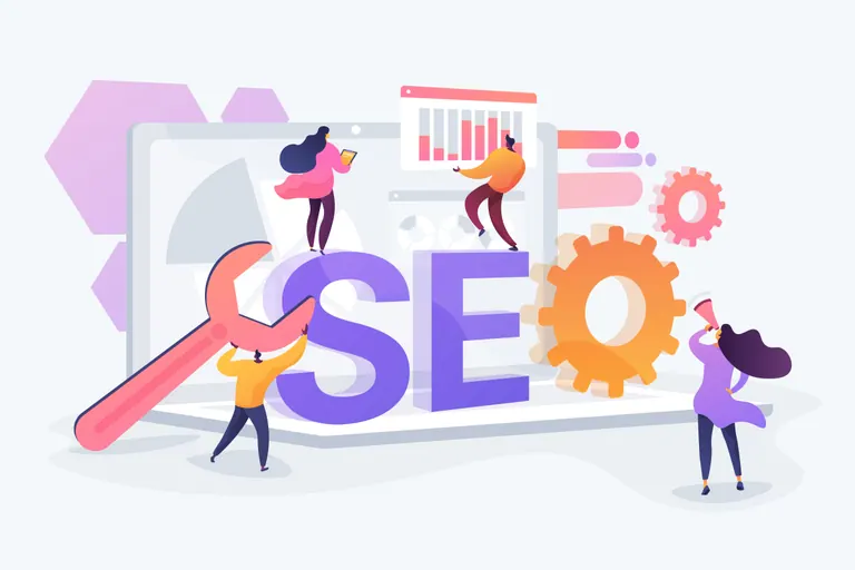 Technical SEO illustration with a website, wrench and gears