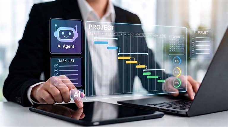 Business professional using an AI agent project and task automation dashboard