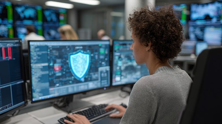 Cybersecurity specialist monitoring protected systems in a security operations center