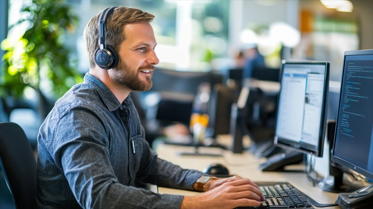 IT consultant working at multiple computer monitors in a modern office