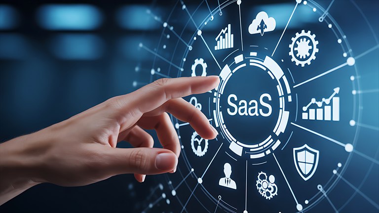 Hand selecting a SaaS interface surrounded by cloud, analytics and security icons