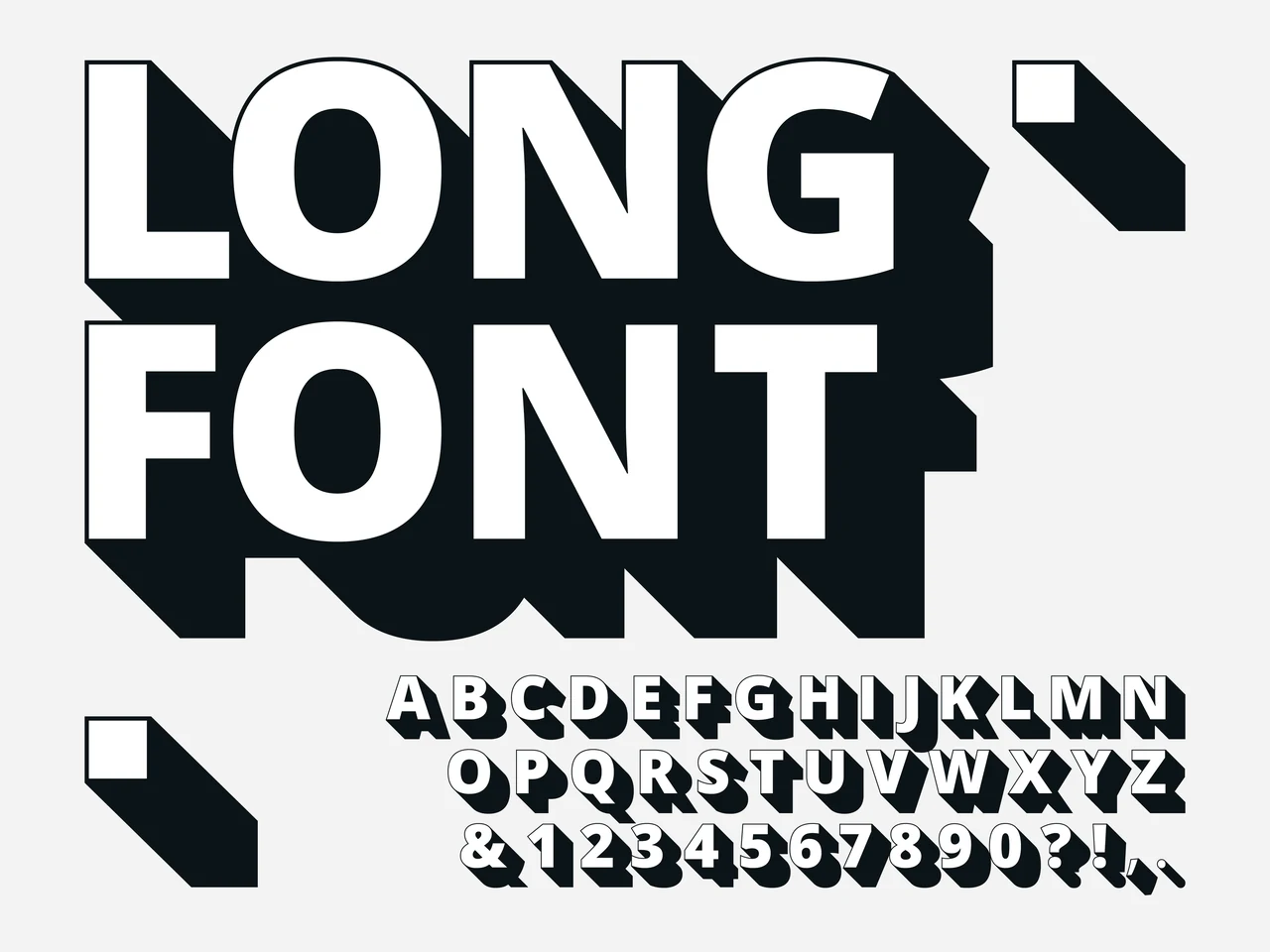 Black-and-white long-shadow typeface specimen with uppercase letters, numbers and punctuation